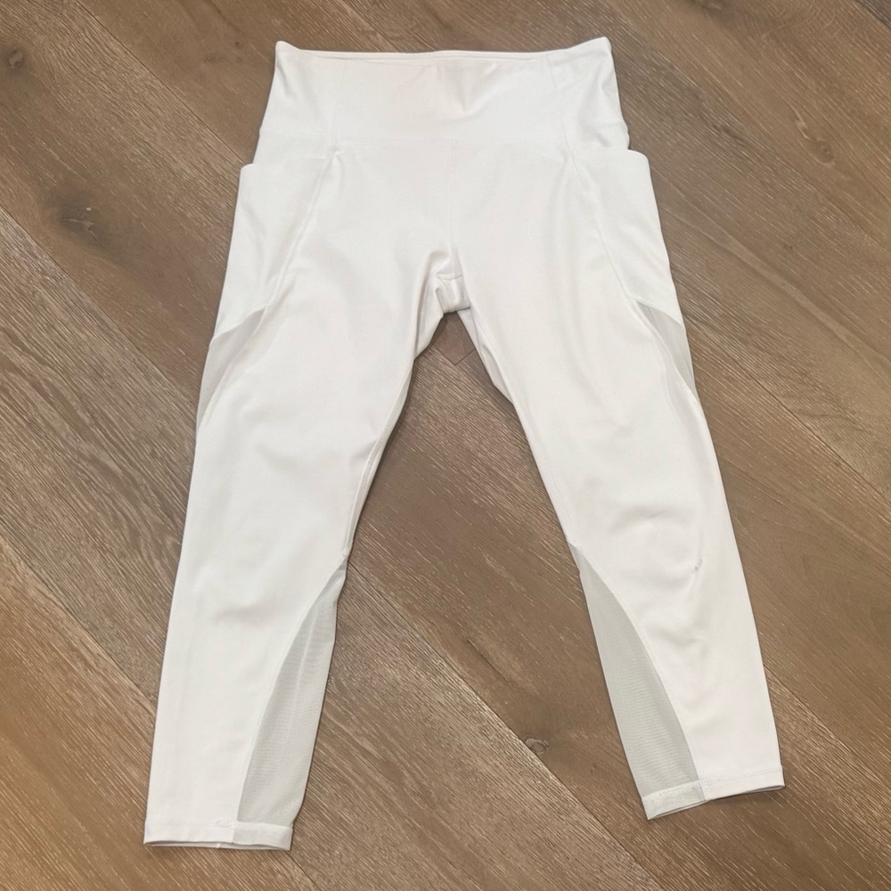 Athleta Cropped White Leggings with Mesh Panels